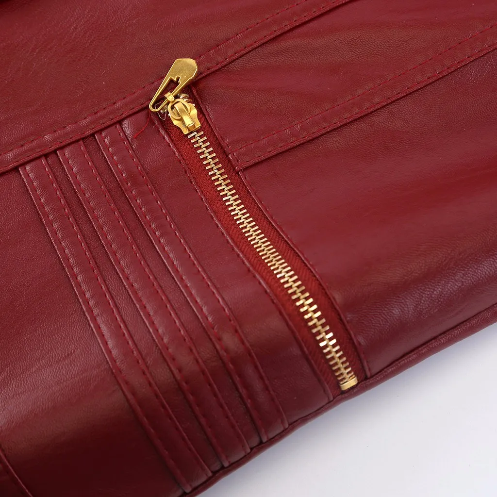 Женская приталенная кожаная куртка Цвет Красный сезон осень зима модные пальто