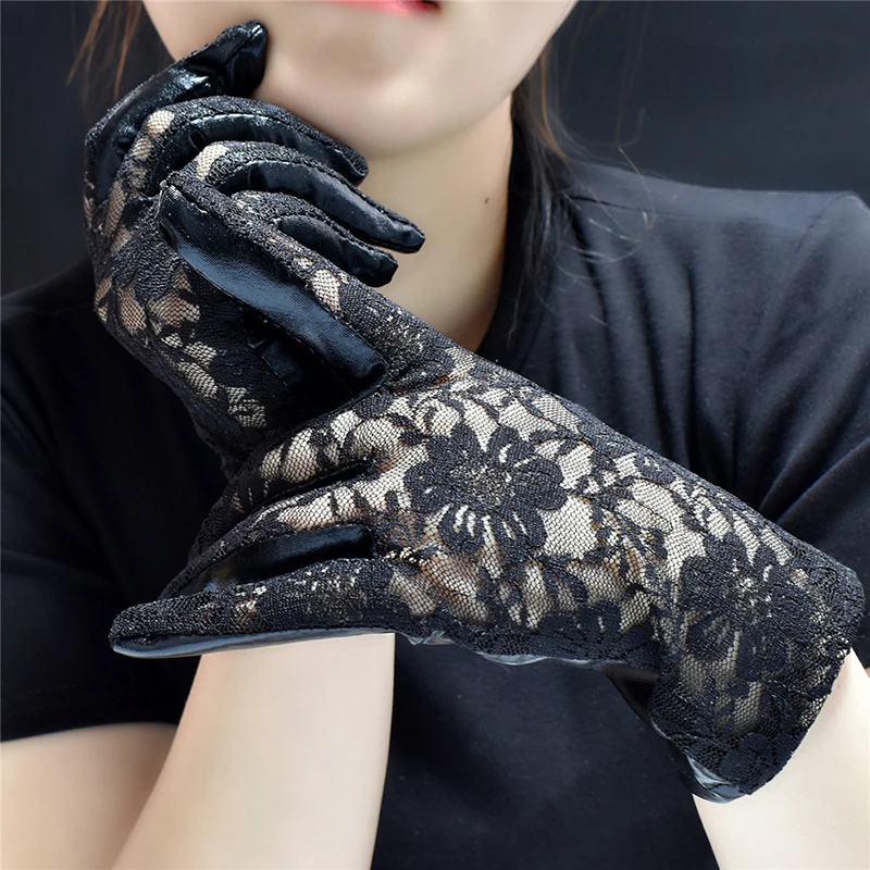

Fashion Women Gloves Lace Faux Leather Gloves Black Ladies Sexy Party lace gloves Mittens