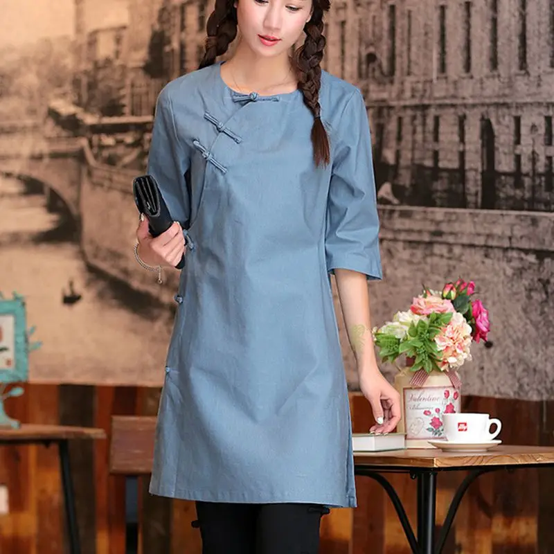 

Women's Shirt Round Collar Buckle New Large Size Long Retro Vintage Cotton Slim National Wind Cheongsam Chinese Tblouses 2019