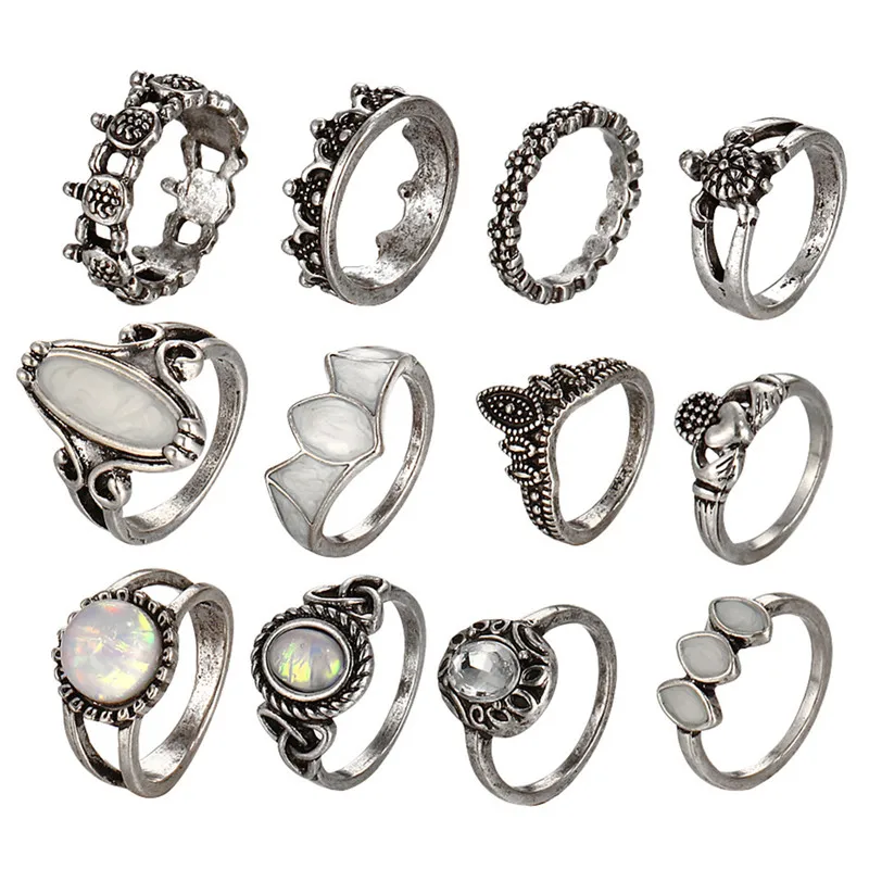 12 шт./компл. кольцо с белым огненным опалом Винтажное на костяшки рук набор колец