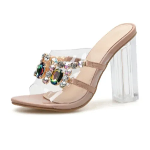 

Women's high luxury color thick crystal high heel sandals