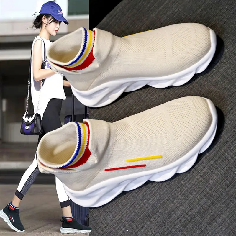 2019 новые дышащие эластичные тканевые носки уличная женская обувь кроссовки на