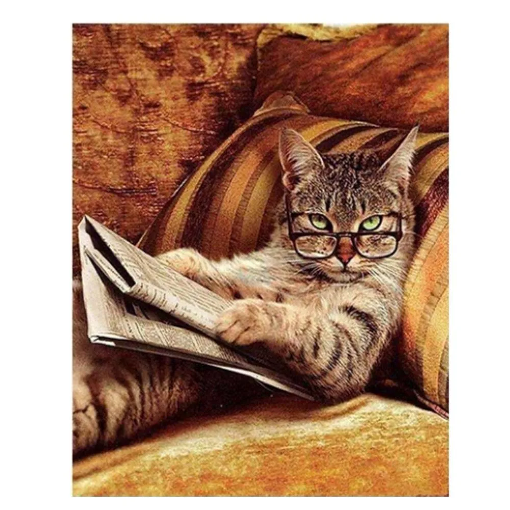 

DIY Cat Diamond Painting animal cat with glasses Diamond Mosaic cat reading newspaper Diamond Embroidery Full corss stitch drop