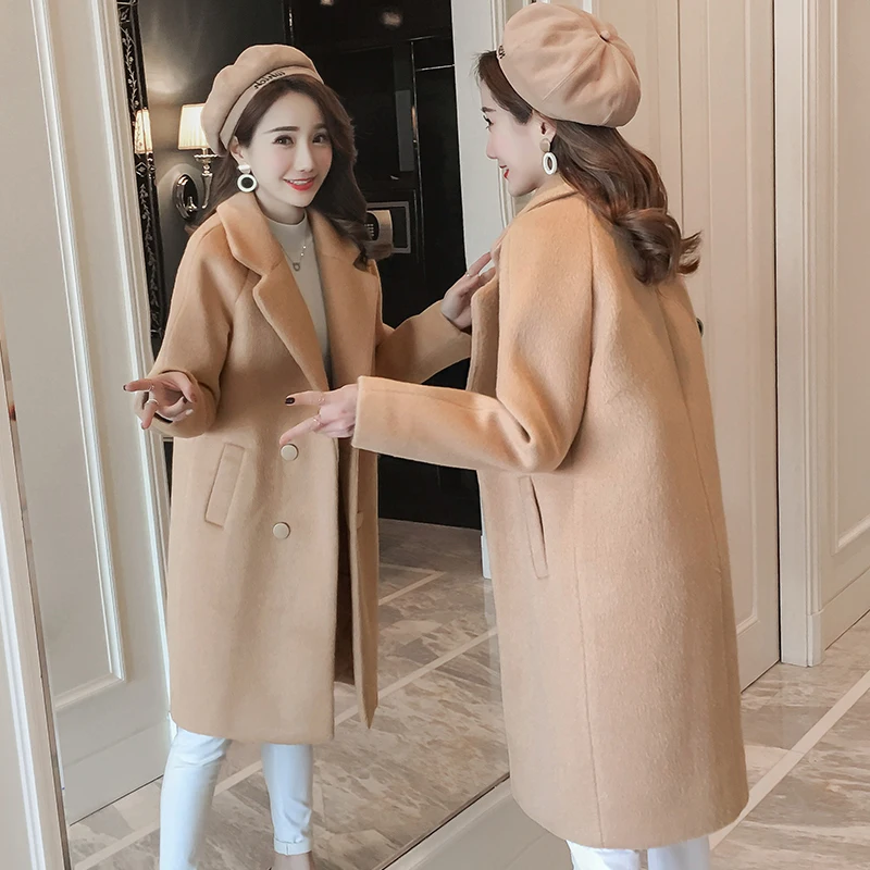 Autumn Winter Korean Overcoat Women 2021 Fashion Vintage Woolen Blend Coats Turn-Down Double Breasted Женская одежда