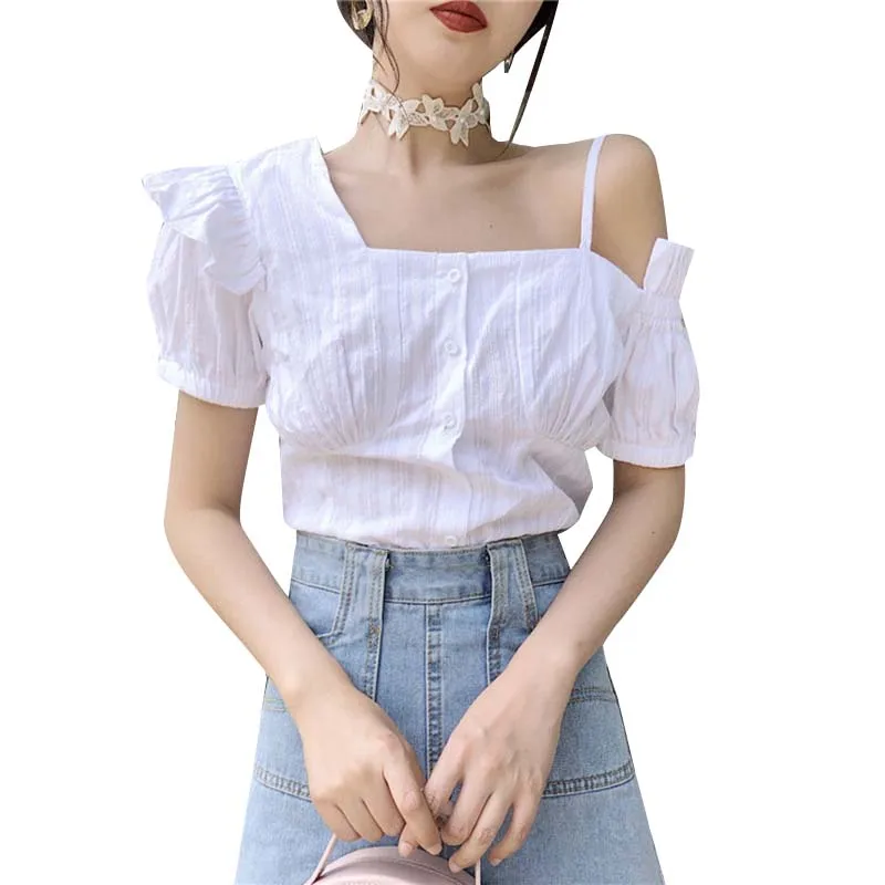 

Sexy Off Shoulder Women Blouses White Shirt Puff Sleeve Deep skew collar Female solid Shirt Summer Strappy Short Top