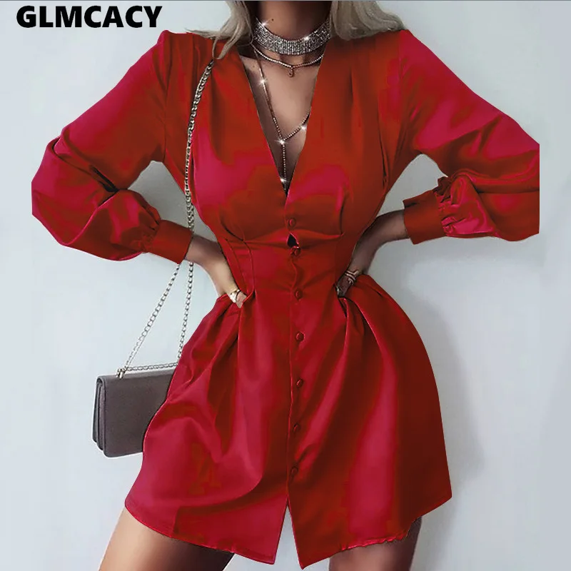 Женское Короткое платье рубашка с длинным рукавом и высокой талией|Женские