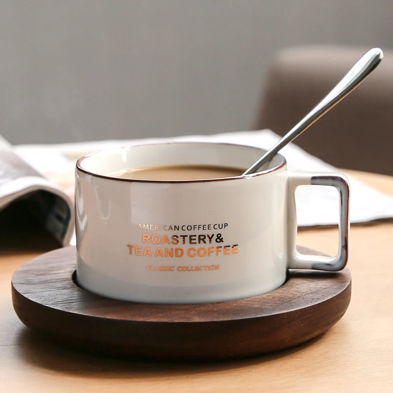 

300 ml Creative American Style Coffee Cup Ceramic Mug Wood Saucer Coffee Mug Breakfast Milk Juice Cup Cafe Drinkware Accessories