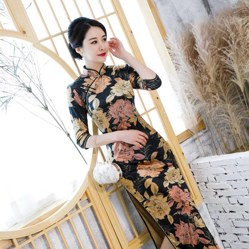 Осень-зима Cheongsam золото бархат Мода Бронзовый принт рукав три четверти платье для