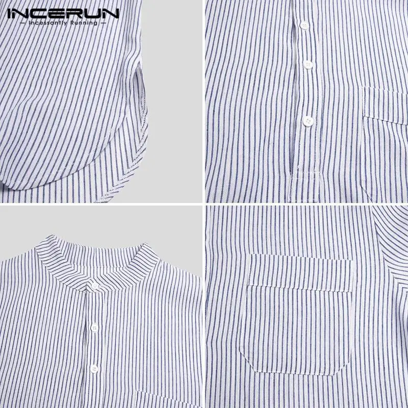 

INCERUN Men Striped Sleep Robes Fashion Long Sleeve V Neck Sleepwear Casual Baggy Nightgrown Leisure Buttons Bathrobes Plus Size