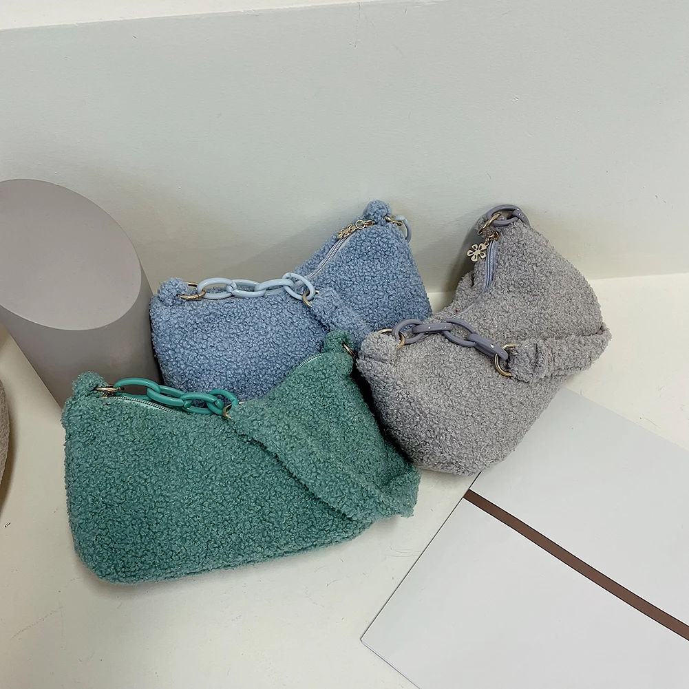 

Vintage Plush Women Autumn Winter Solid Color Shoulder Underarm Bags Fashion Acrylic Chain Ladies Casual Small Shoulder Handbags