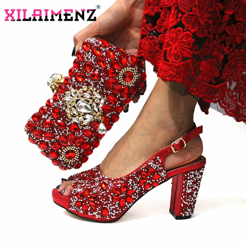 

Winter New Arrivals Italian Design Nigerian Women Shoes and Bag To Match High Quality with Shinning in Red Crystal For Wedding