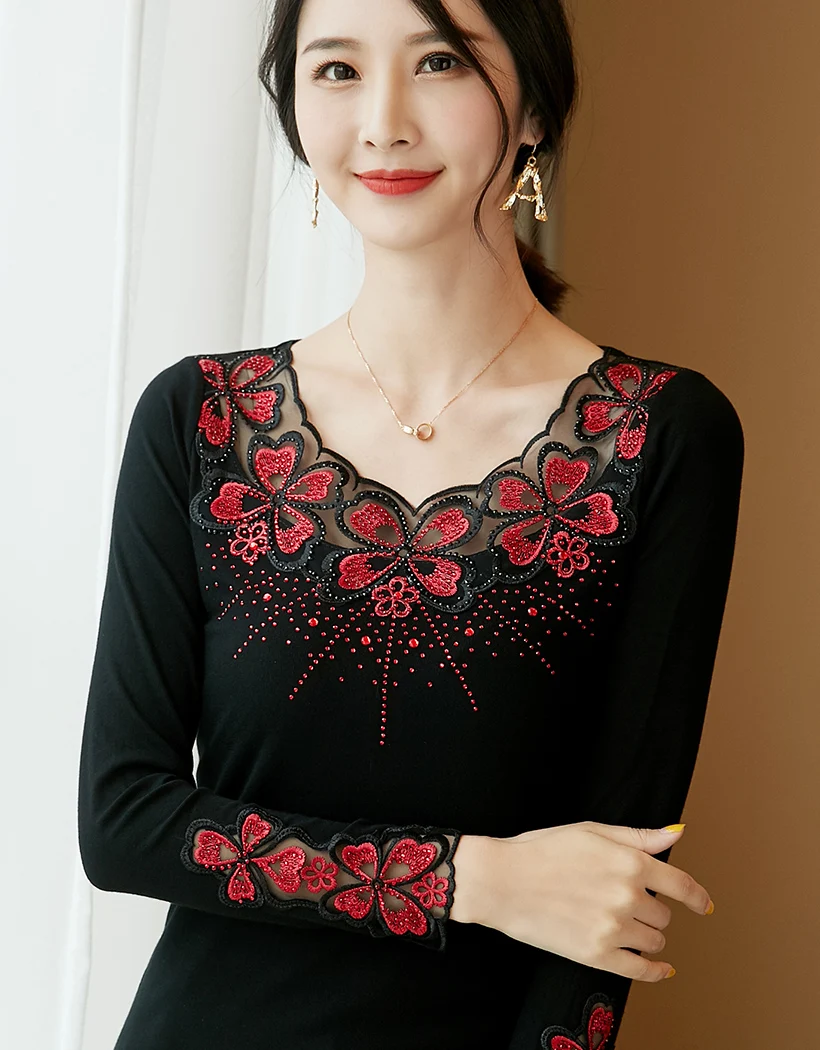 Blusas mujer de moda, Осенние сетчатые топы с длинными рукавами и вышивкой, модная Повседневная Блузка с бриллиантами, рубашка, большие размеры