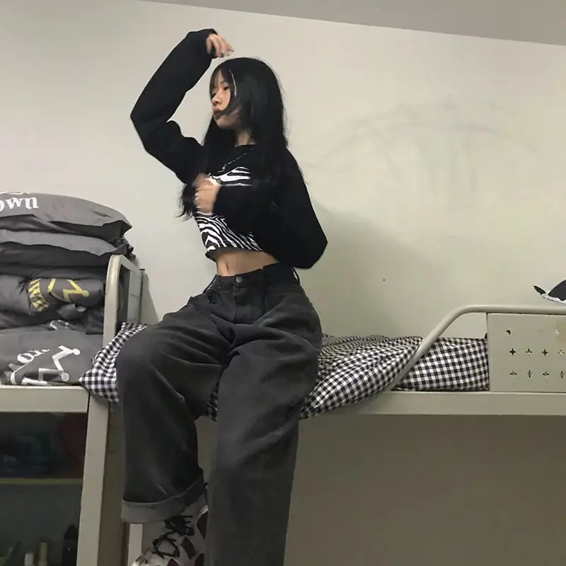 

Women Jeans Vintage Adjustable High Waist BF Oversize Wide Leg Trousers Autumn New Ins All-match Streetwear Retro 2021