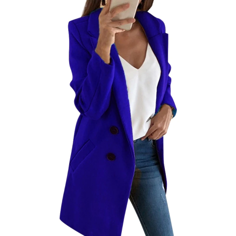 

Autumn Winter Fashion Women Tops Casual Double Breasted Top Coat Solid Color Lapel Long Button Wool Outwear