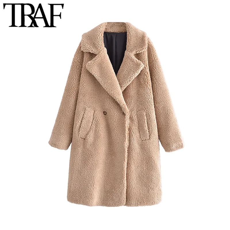 

TRAF Women Fashion Thick Warm Faux Shearling Teddy Coat Vintage Long Sleeve Front Pockets Female Outerwear Chic Overcoat