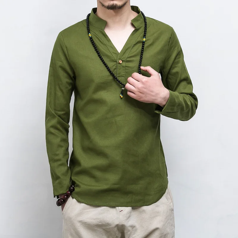 Китайская льняная блузка повседневная одежда мужская футболка с v-образным