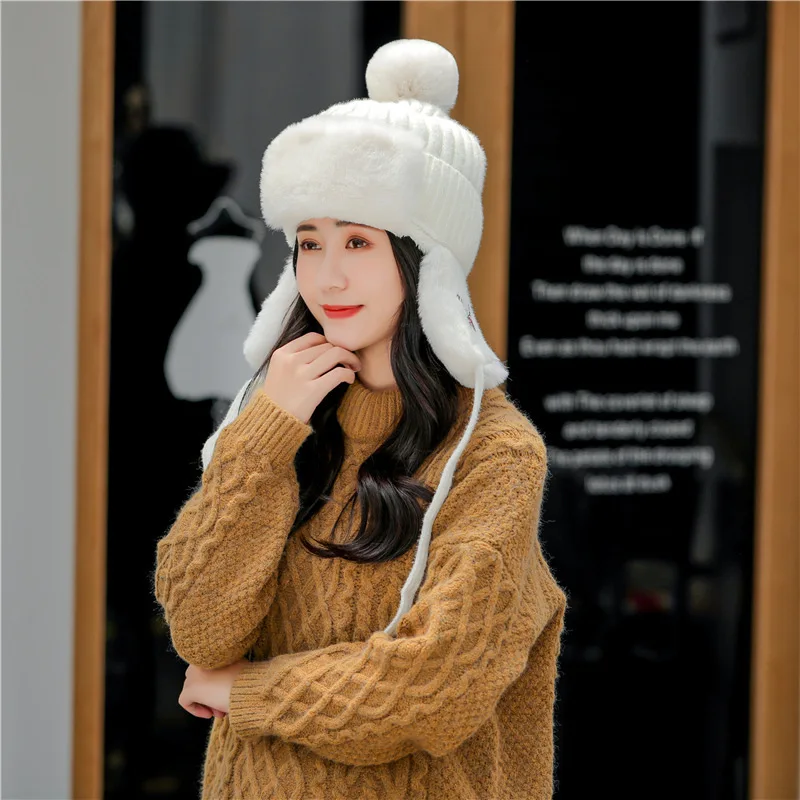 

Korean cute hat female winter tide warm ear protection Lei Feng hat knitting plus velvet padded wool cycling snow hat