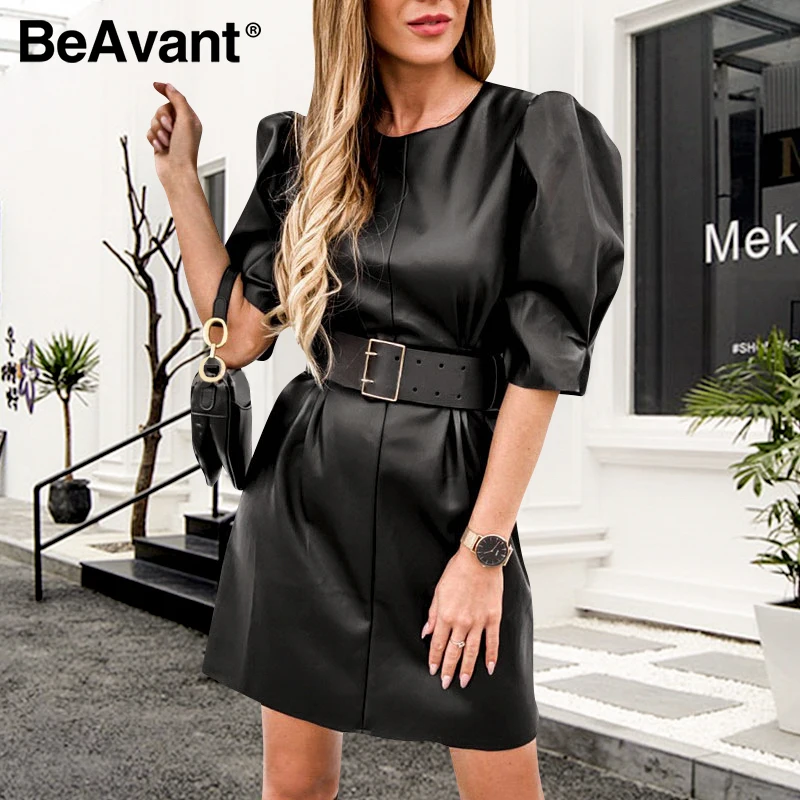 BeAvant модное Черное женское платье из искусственной кожи весна-лето с пышными