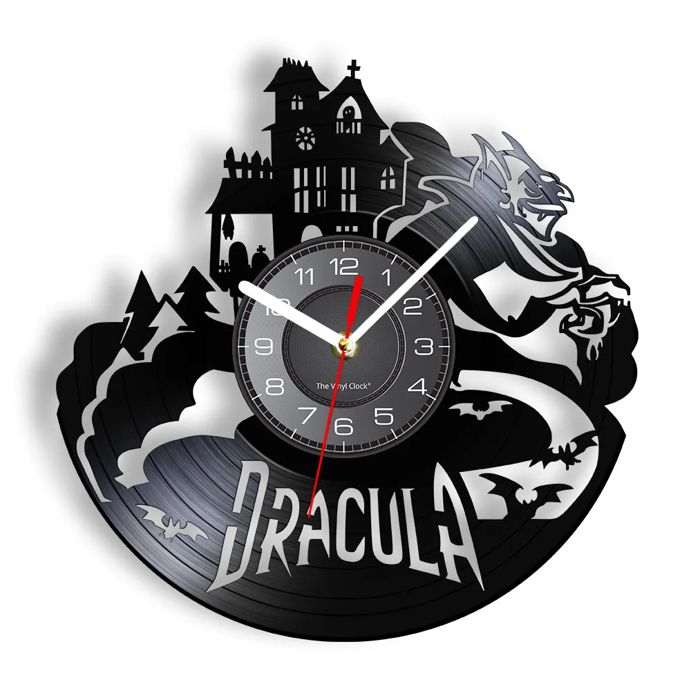 Halloween Dracula's Castle Laser Etched Vinyl Wall Clock Gothic Vampire Bats Vintage Led Light Vinyl Record Watch Night Lamp