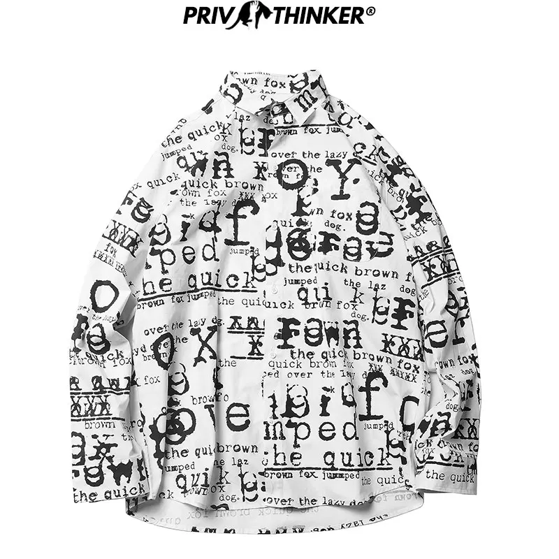 Мужская винтажная рубашка Privathinker с буквенным принтом Повседневная длинным