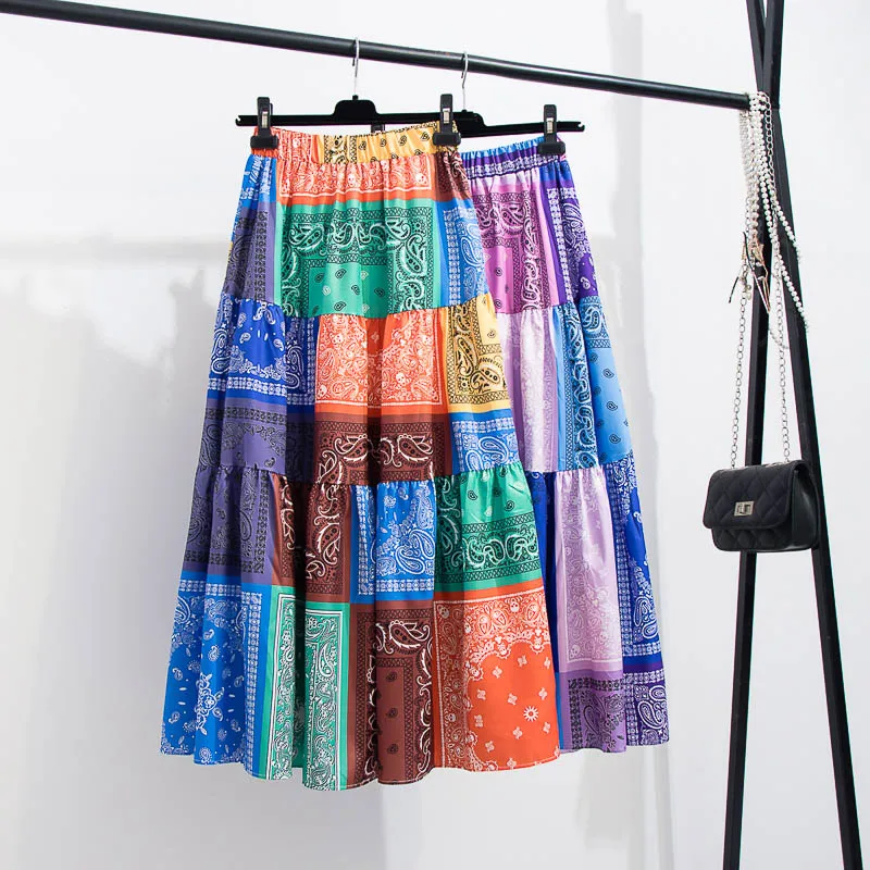 

2021 летние пляжные контрастный принт шить юбка Цветочные Свободные шорты с высокой талией, эластичные женские костюмы вечерние юбки
