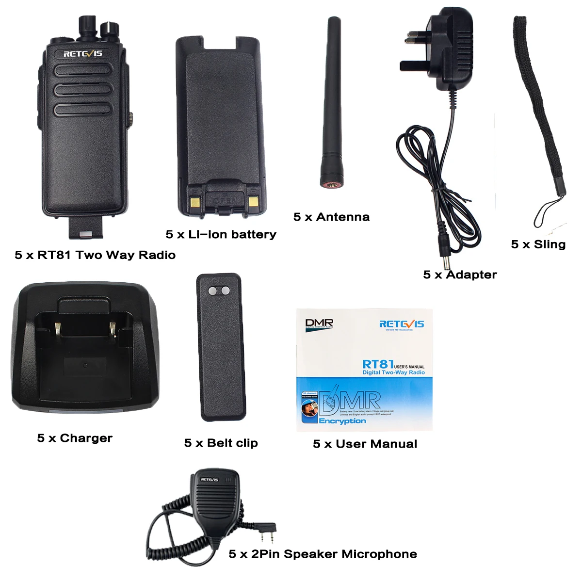 5 шт. DMR RETEVIS RT81 10 Вт IP67 Пылезащитная Водонепроницаемая рация 32CH UHF шифрование Профессиональное двухстороннее радио+ 5 шт микрофон