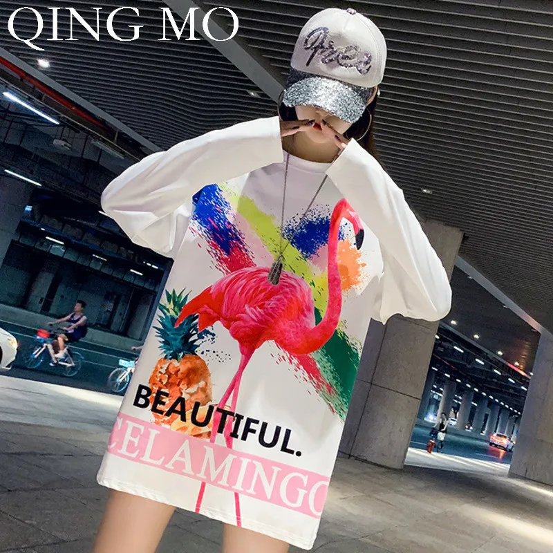 Женская футболка с принтом животных QING MO белая Повседневная Свободная длинным
