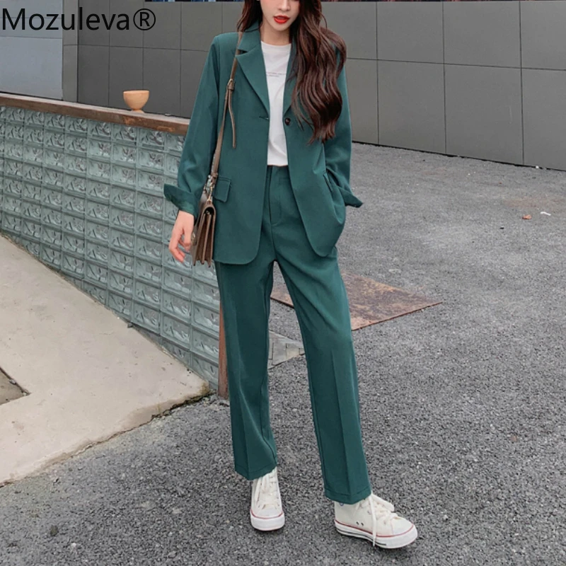 Mozuleva 2020 Notch Collar Single-button Women Slim OL Blazer&ampHigh Waist Pockets Straight Suit Pants Two Pieces Business Suits | Женская