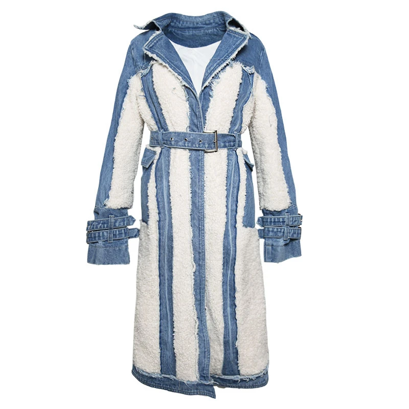 TWOTWINSTYLE Hit Color Patchwork Denim Tassel Trench Coats For Women Lapel Collar High Waist Sashes Windbreakers Autumn New
