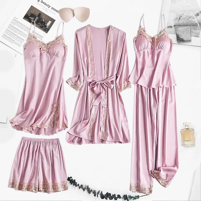 

Pajama Set Women Lace Trim Satin Sleepwear Pyjamas Pour Femme Summer Nightwear With Pants Casual Home Wear Kimono Robe Gown PJS