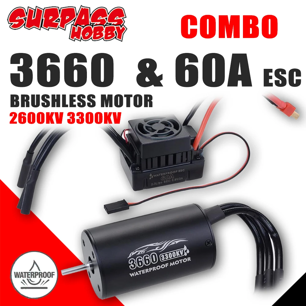 

SURPASS HOBBY водонепроницаемый комбинированный 60A ESC 3660 Бессенсорный бесщеточный двигатель 3300KV 2600KV для 1/10 RC Car Tamiya Traxxas внедорожник