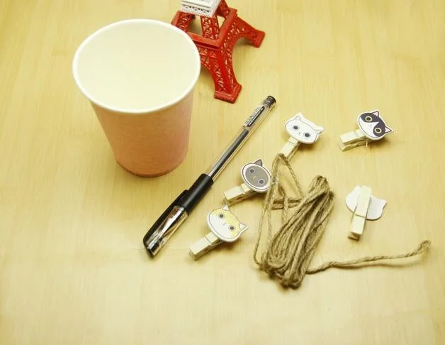 

1pack/lot Kawaii Cat Clips Nature Wooden DIY Meaasge Pet Clip with rope students gift school office supplies