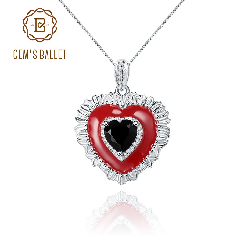 

GEM'S BALLET 925 Sterling Silver Necklace Natural Black Onyx Gemstone Handmade Statement Heart Pendant Necklace For Women