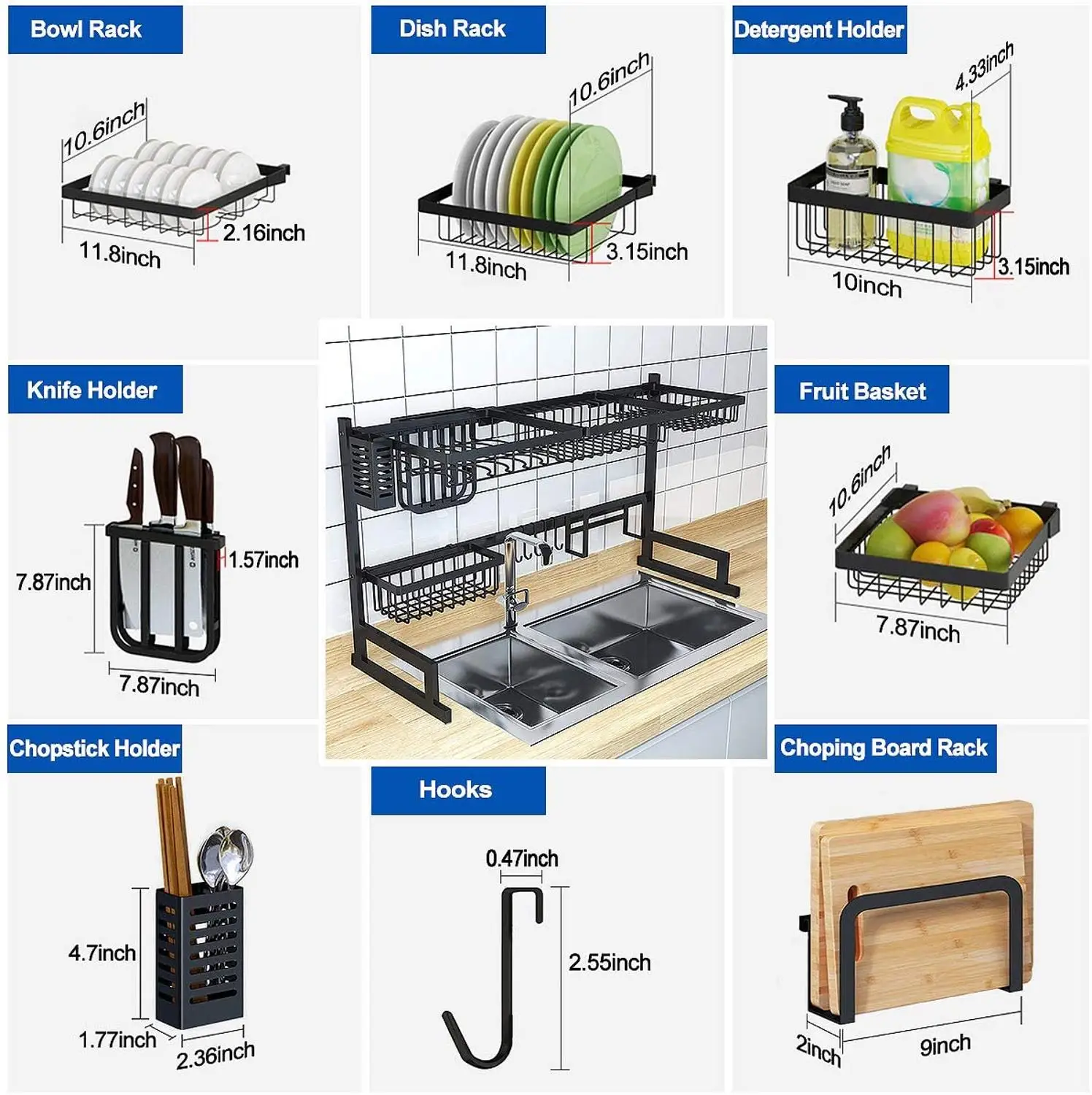 

Nidouillet stainless steel kitchen black sink rack tableware storage rack double slot rack kitchen tableware storage rack ET596