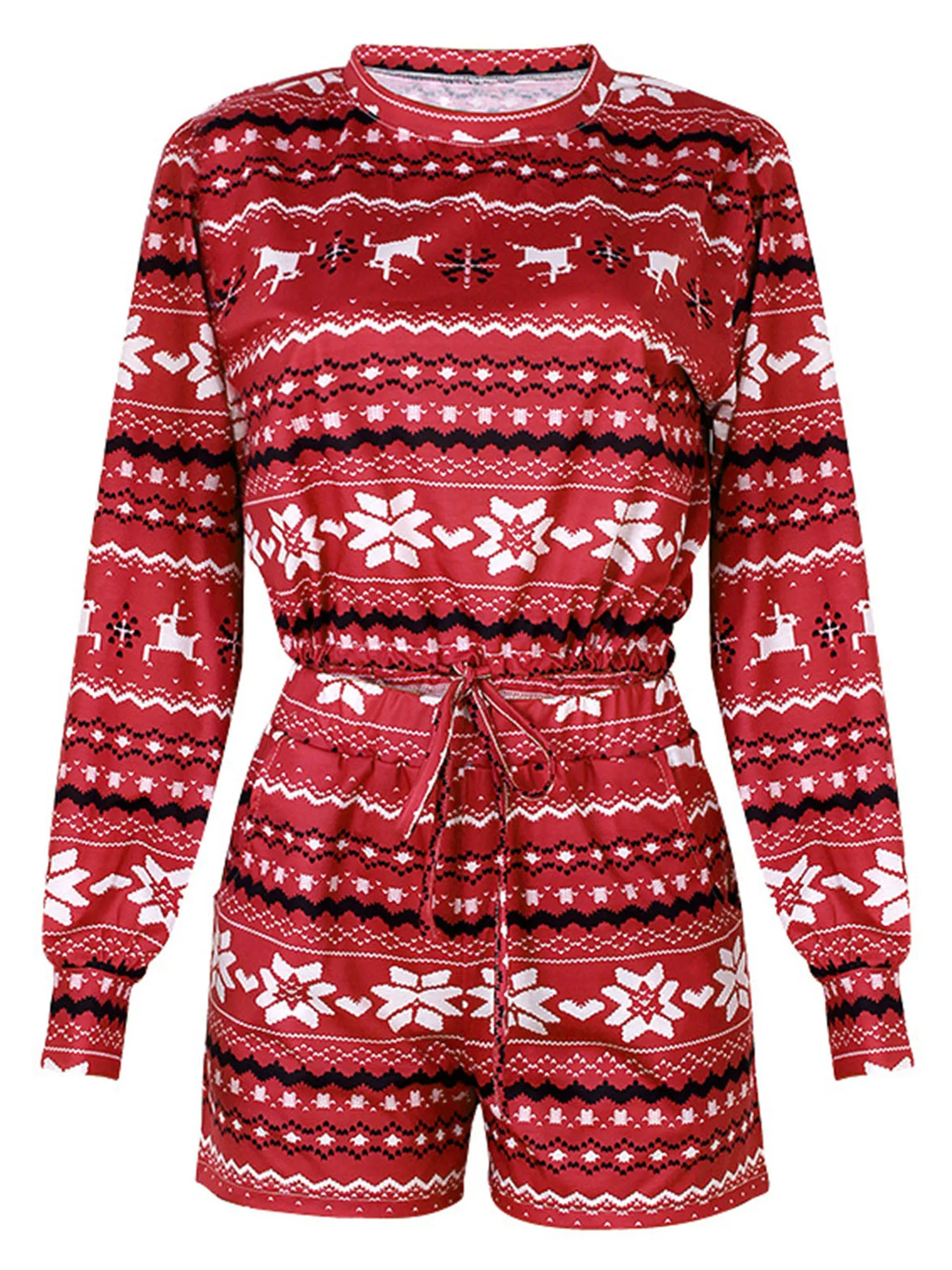 

Women Christmas Snowflakes Printing Pajama Set Causal Nightwear Girls Loungewear Long Sleeve Drawstring Tops with Shorts