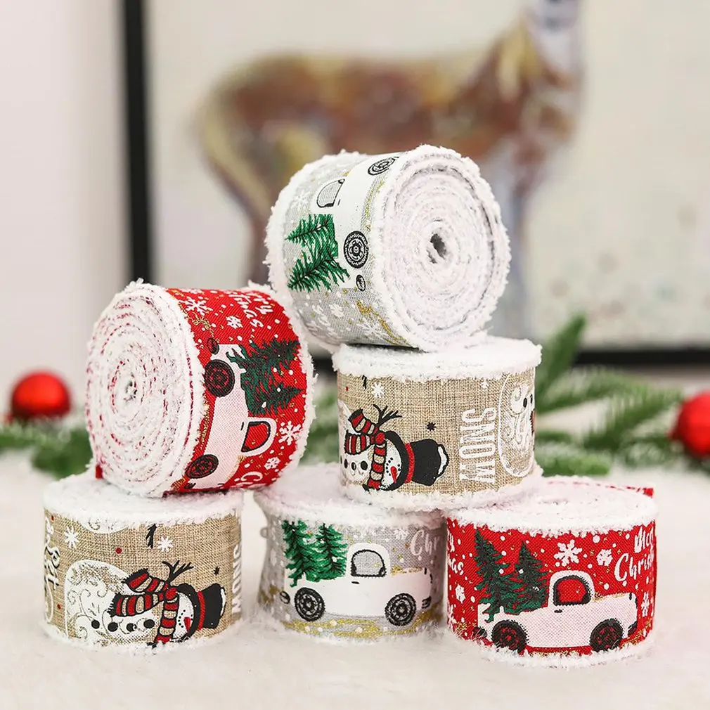 

5m/roll Christmas Ribbons Fabric Elk Christmas Tree Print With Wired Edge DIY Christmas Gift Wrapping Ribbon Wreath Bow Craft