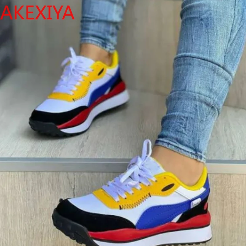 

2021 New Women Fashion Color Matching Lace Up Flat Bottom Comfortable Sports Breathable Running Mountaineering Sports Shoes