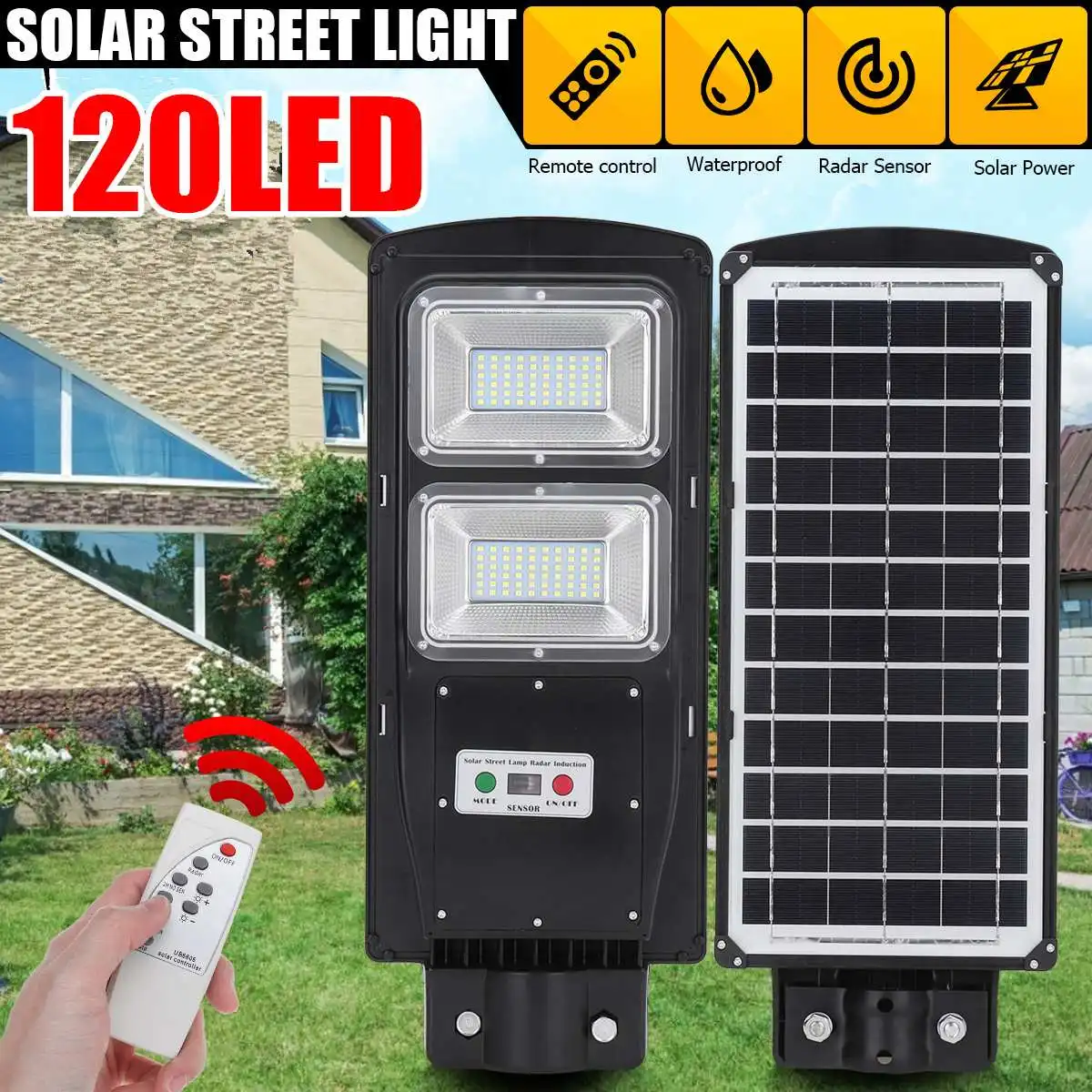 

120LED 60W Solar Street Light Super Bright Wall Lamp Radar PIR Motion Sensor Remote Control Security Lamps for Outdoor Garden