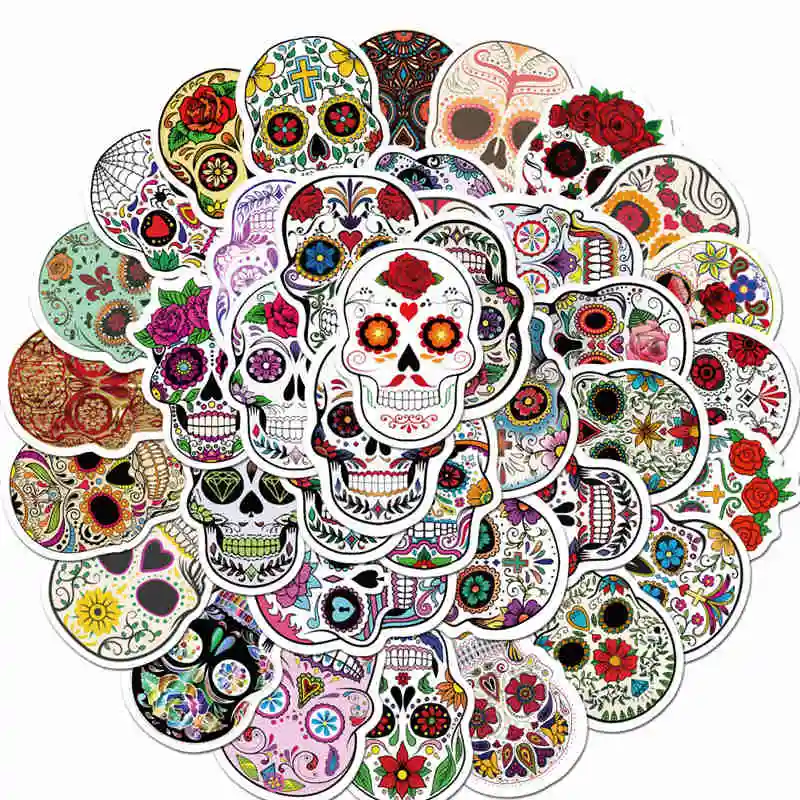Pegatinas de calavera de az&uacute;car de dibujos animados para ni&ntilde;os, 50 Uds., pegatinas impermeables para monopat&iacute;n, guitarra, port&aacute;til, grafiti, PVC, calcoman&iacute;as de coche, juguete para ni&ntilde;os-0