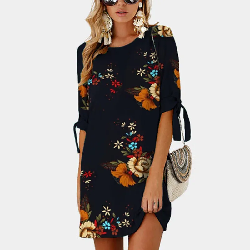 LEH Women Summer Dress Boho Style Floral Print Chiffon Beach Tunic Sundress Loose Mini Party Vestidos Plus Size | Женская одежда