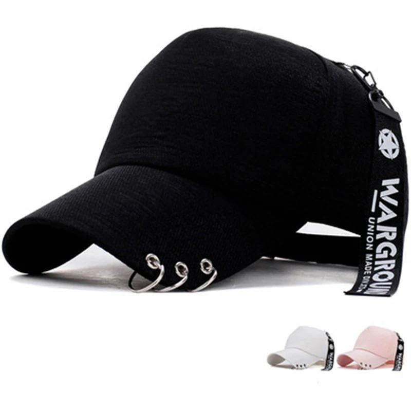 

YUDA Woman Man's Casual Street Long Belt Baseball Cap Lron Ring Korean Style Peaked Cap Fashion Hanging Hat