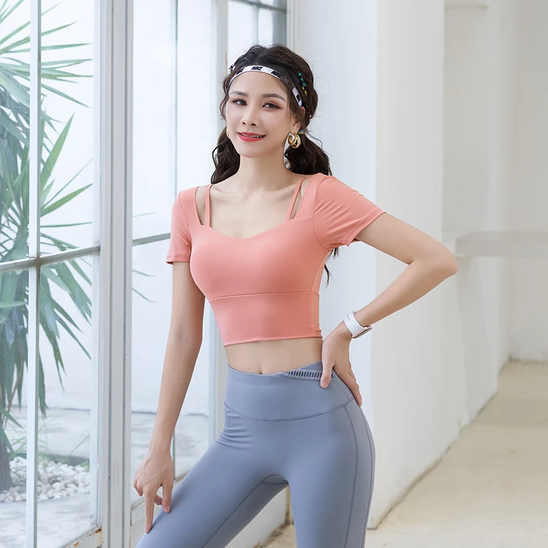 

Yoga clothes jacket women short stretch tight chest pad all-in-one sports short-sleeved running training dance clothes T-shirt