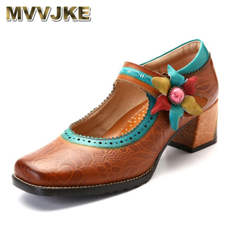 

MVVJKE hot retro flower woman pumps Bohemian style buckle strap high heels square toe spring casual single shoes