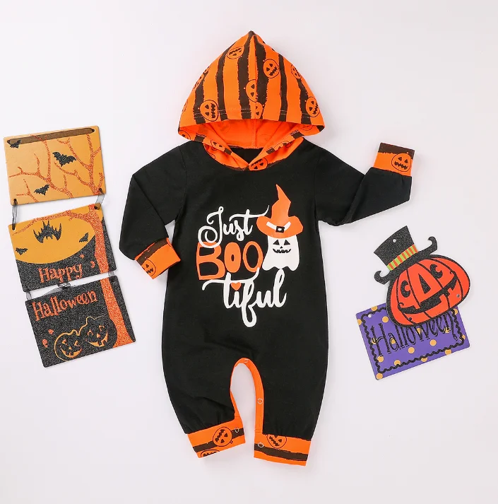 

Детский комбинезон с капюшоном на Хэллоуин, с длинными рукавами и изображением тыквы и призраков, для маленьких девочек и мальчиков от 0 до 12...