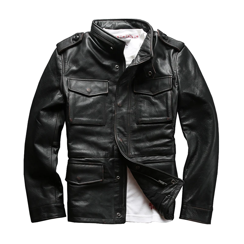 Vintage Black Винтажная Черная Мужская M65 кожаная куртка плюс размер 4XL натуральная Толстая воловья Осенняя русская сафари кожаная куртка - Цвет: Vintage Black