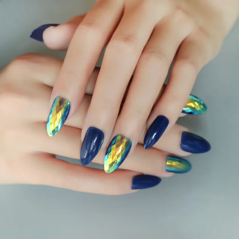 

24Pcs/set fake Nails Sky Blue Pointed mirror phosphorescence fashion Style Acrylic fake Nails DIY Glamorous