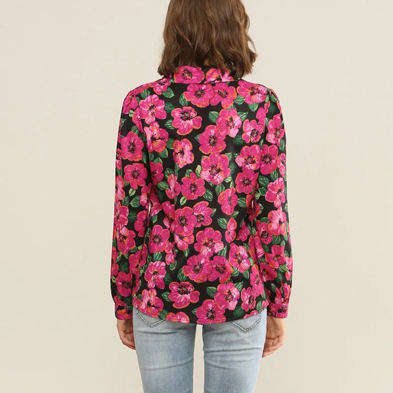

Hot Women Slim Loose Shirt Button Slim Blouses Long Sleeve Chiffon Blouse Floral Print Shirt
