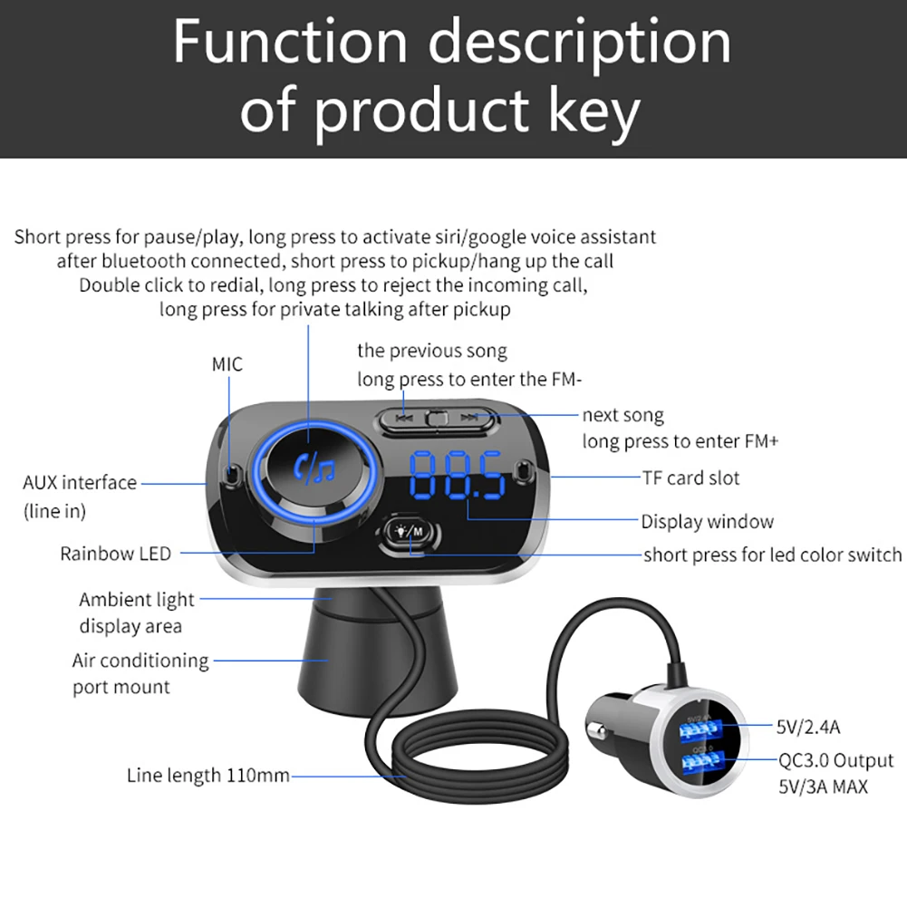 Автомобильный MP3-плеер 1,2 дюймов Автомобильный беспроводной Bluetooth динамик беспроводной QC3.0 Быстрая зарядка fm-передатчик с атмосферным светом