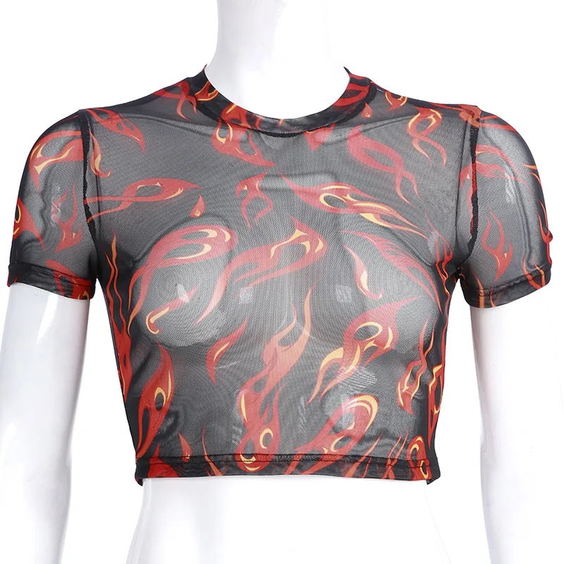 

Angel Flame Print Crop Top Sexy Summer Women Short Sleeve Crew Neck Sheer Mesh See Through Transparent Female T-Shirt Streetwear