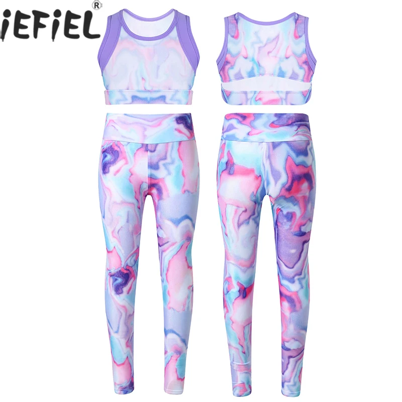 

4-14Y Colorful Kids Girls Sport Sets Gymnastics&Dancewear Outfit Tie-Dye Print Crop Tops Sport Yoga Running Workout Leggings